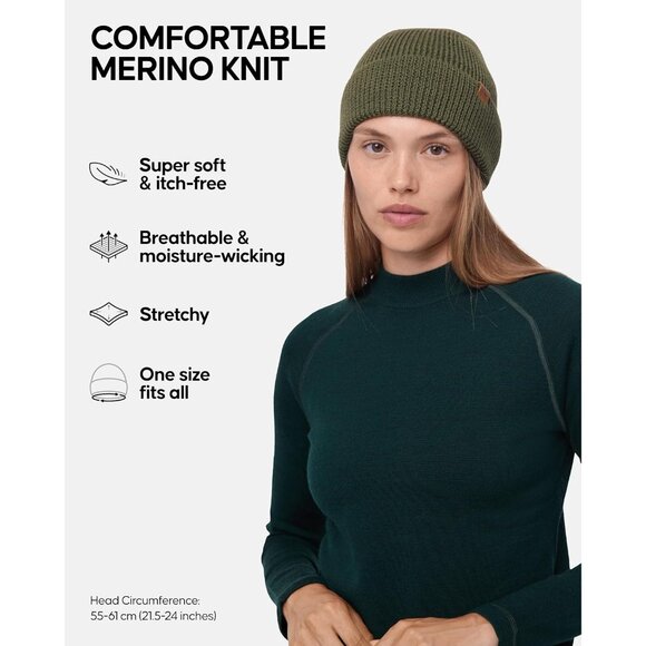 Men's Green Merino Wool Fitted Stretch Beanie Stretchy Fisherman Beanie Cap - Picture 2 of 6